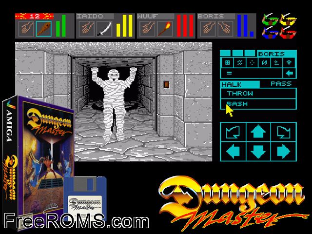 Dungeon Master Amiga game showing 3D box cover and gameplay screenshot